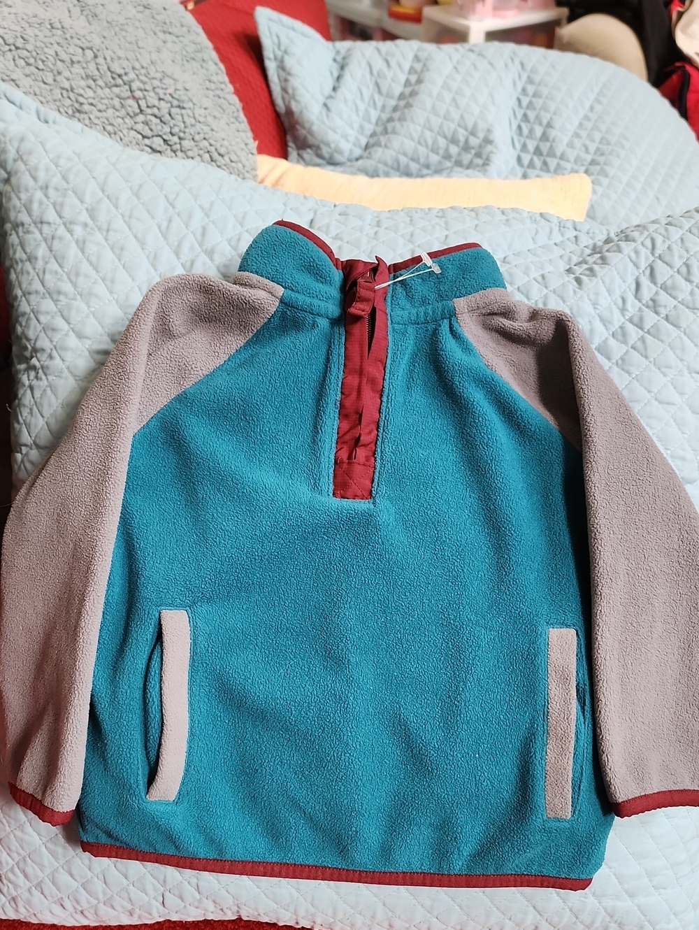 3T Cat & Jack Teal and Gray Fleece Pullover Jacket with Burgundy Trim